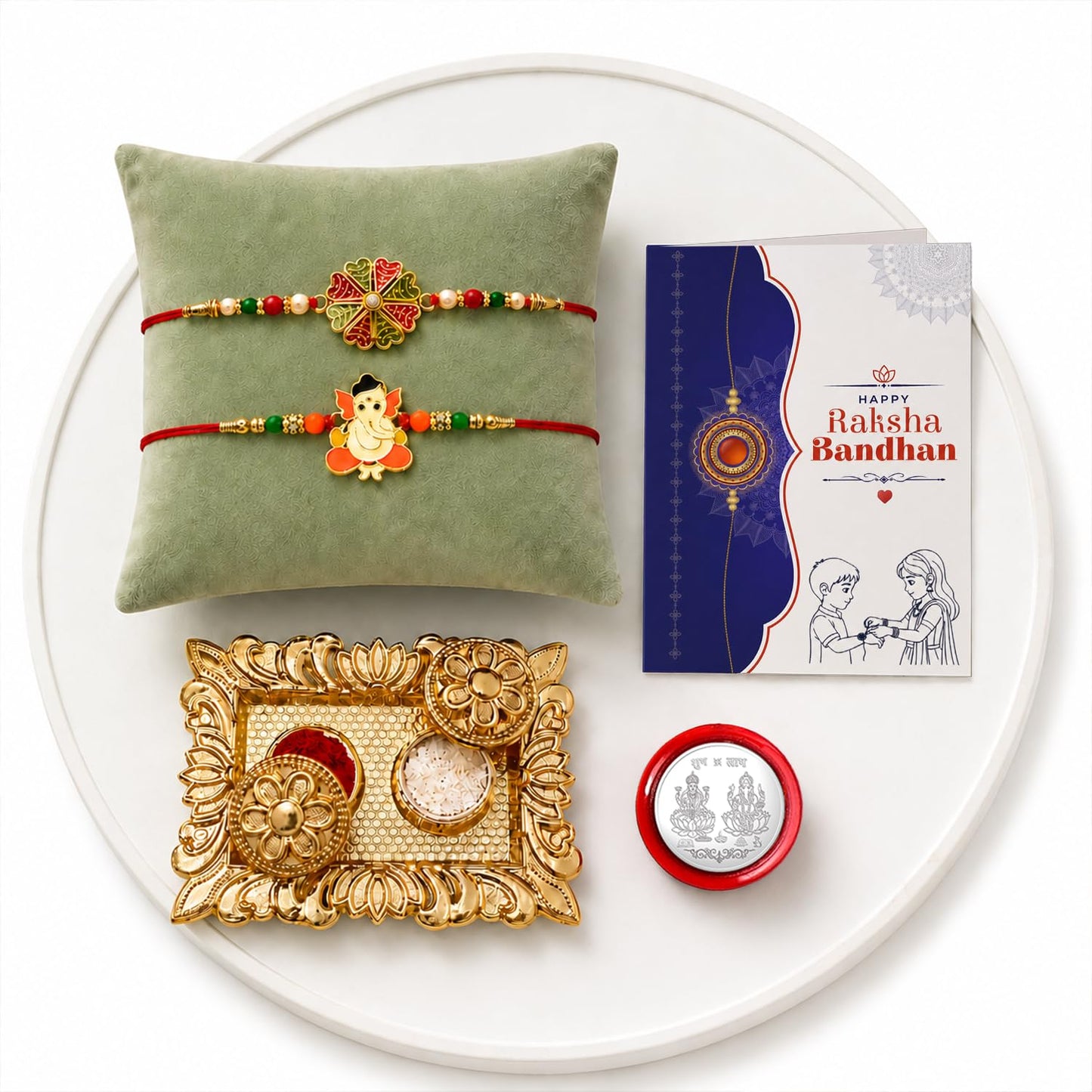 Flower Rakhi for Brother with Pooja Thali, Roli Tikka & Greeting Card - Pack of 6