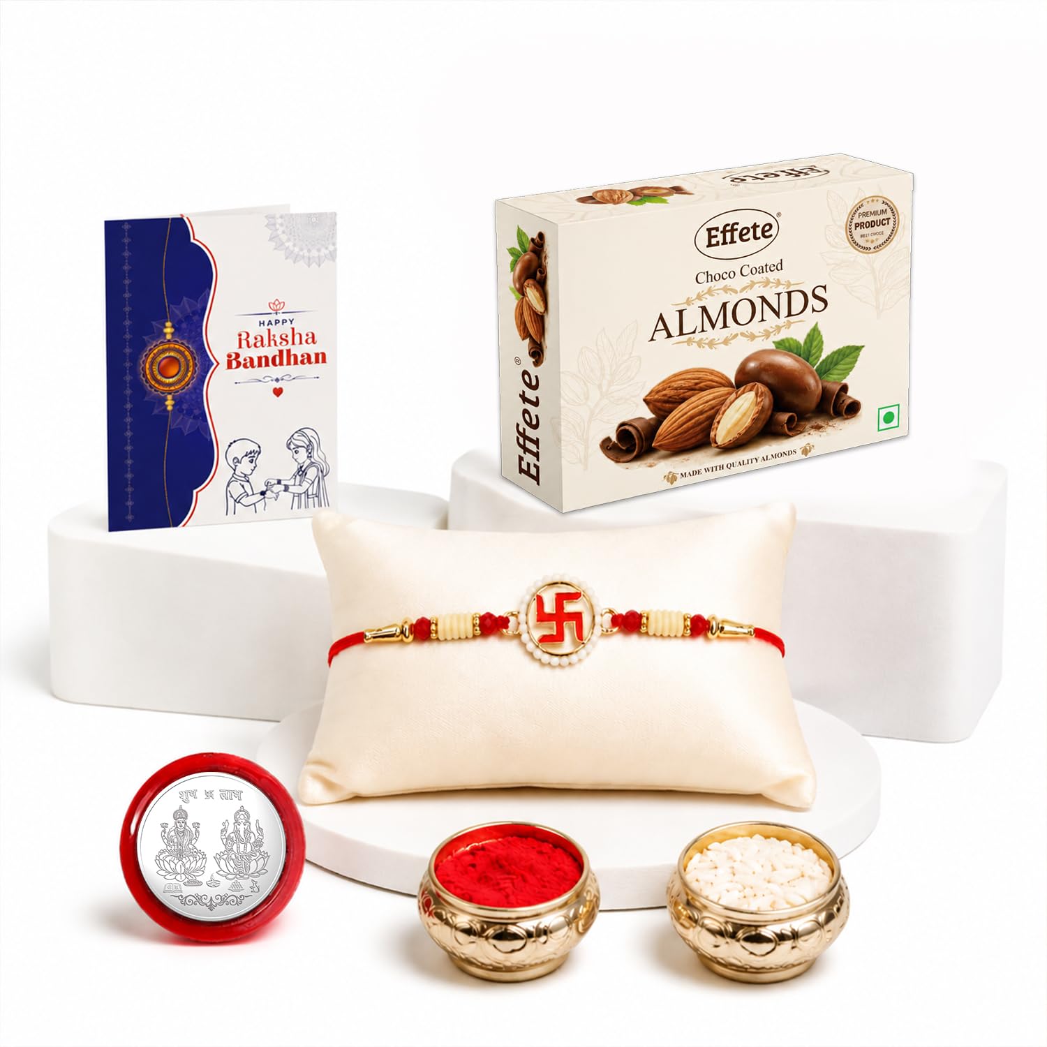 Satvik Rakhi for Brother with Choco Almonds 32gm, Roli Chawal & Card, Pack of 5