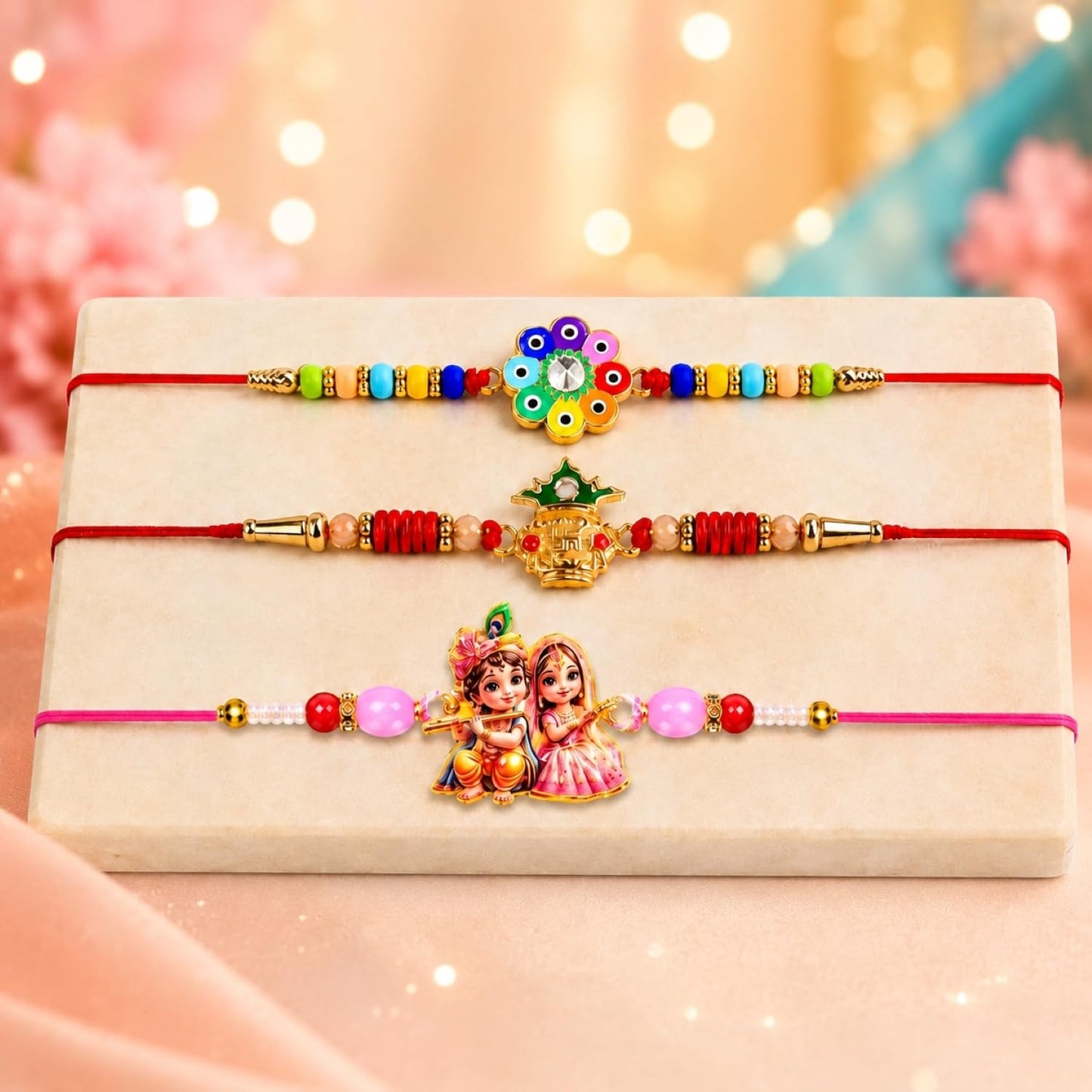 Flower motif Rakhi for Brother with Chocolate Magic 96gm, Coin & Card, Pack of 7