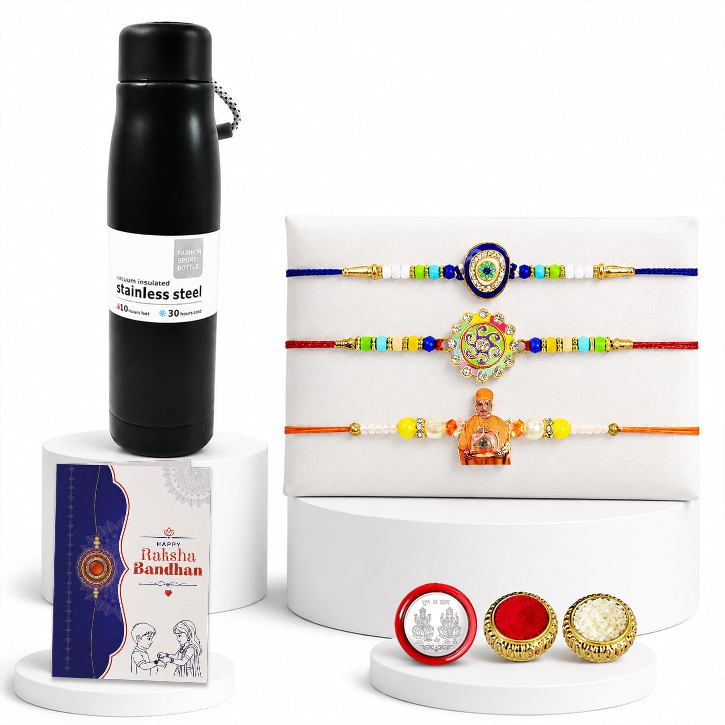 Multicolor Evil Eye, Spiral, Swami Maharaj & Guru Ji Rakhi Combo | Pack of 7