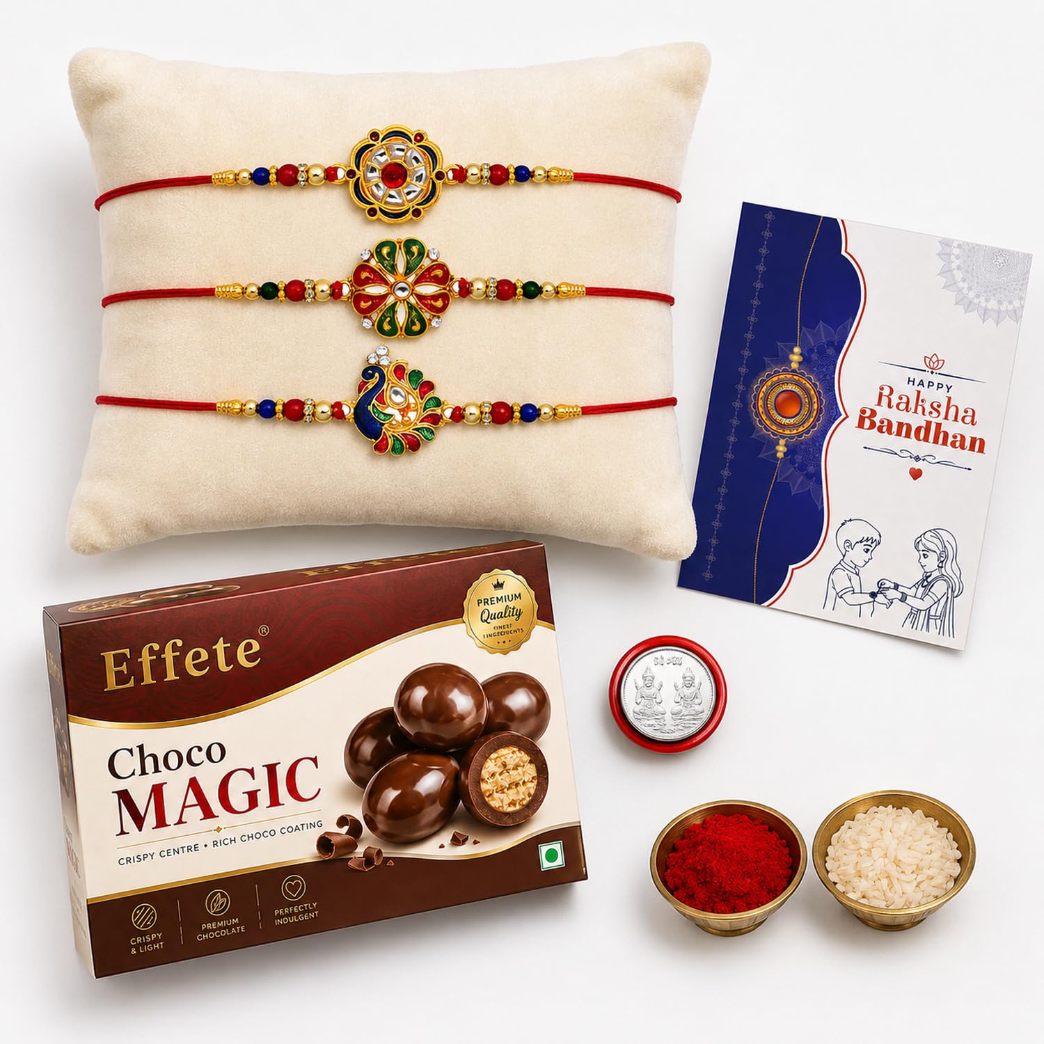 DeoDap Peacock Rakhi for Brother with Choco Magic 32gm, Roli Chawal & Card, Pack of 3