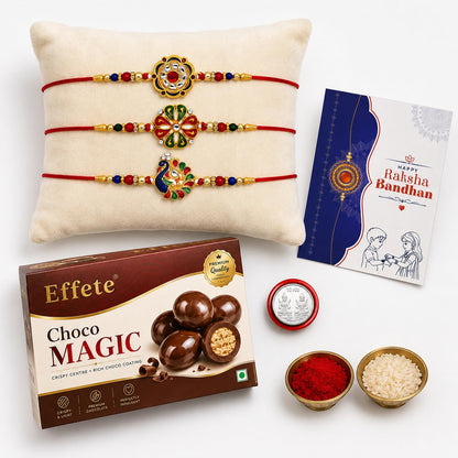 DeoDap Peacock Rakhi for Brother with Choco Magic 32gm, Roli Chawal & Card, Pack of 3