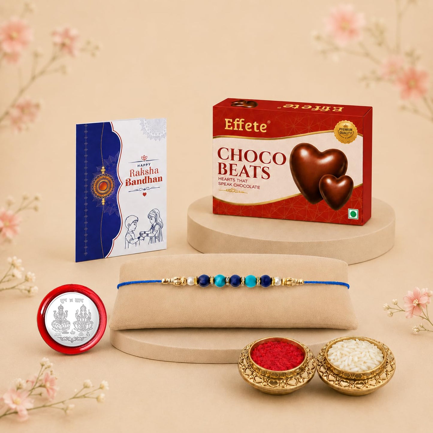 Multicolor Beads Rakhi for Brother with Choco Beats 32gm, Coin & Card, Pack of 5