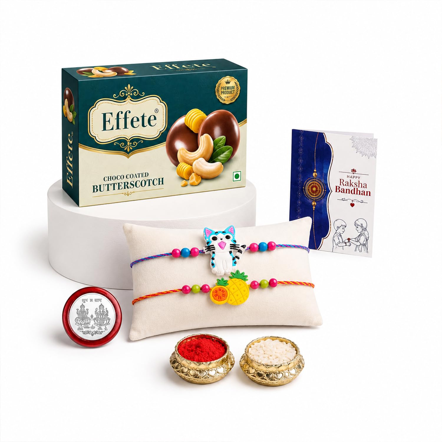Kids Rakhi for Brother with Butter Scotch 32gm, Roli Tikka & Card, Pack of 6