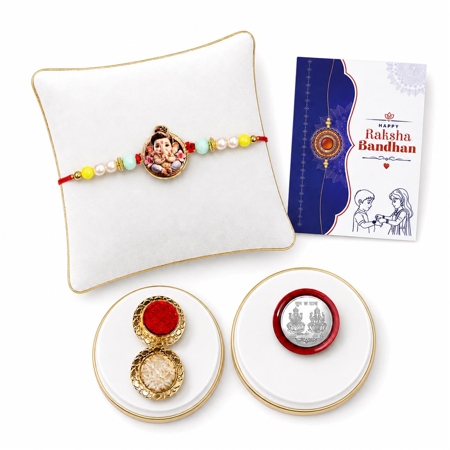 Krishna Beads Rakhi for Brother with Tilak Set, Pooja Coin & Card, Rakhi Set (V2)
