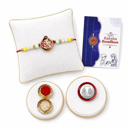 Krishna Beads Rakhi for Brother with Tilak Set, Pooja Coin & Card, Rakhi Set (V2)