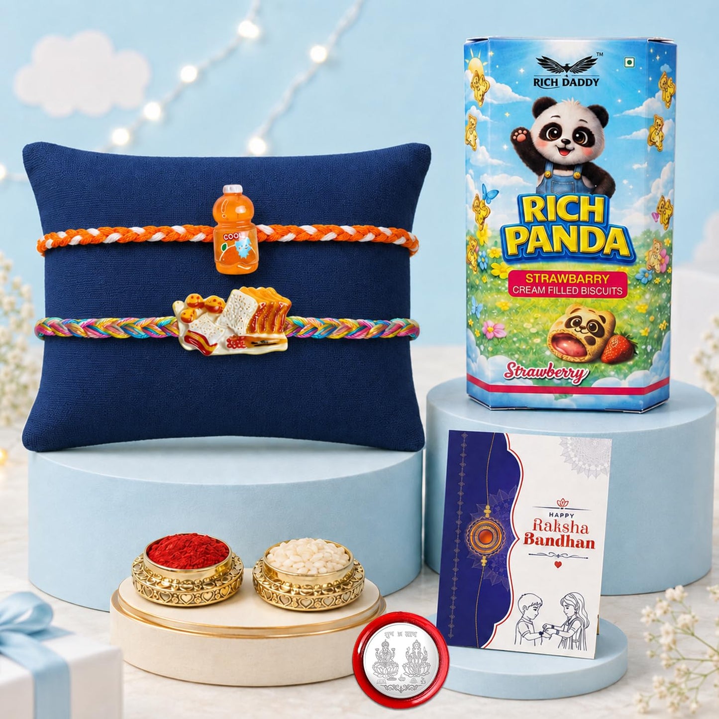 Kids Rakhi for Brother gift set showcasing the cream biscuit, roli tikka, and a decorative rakhi.
