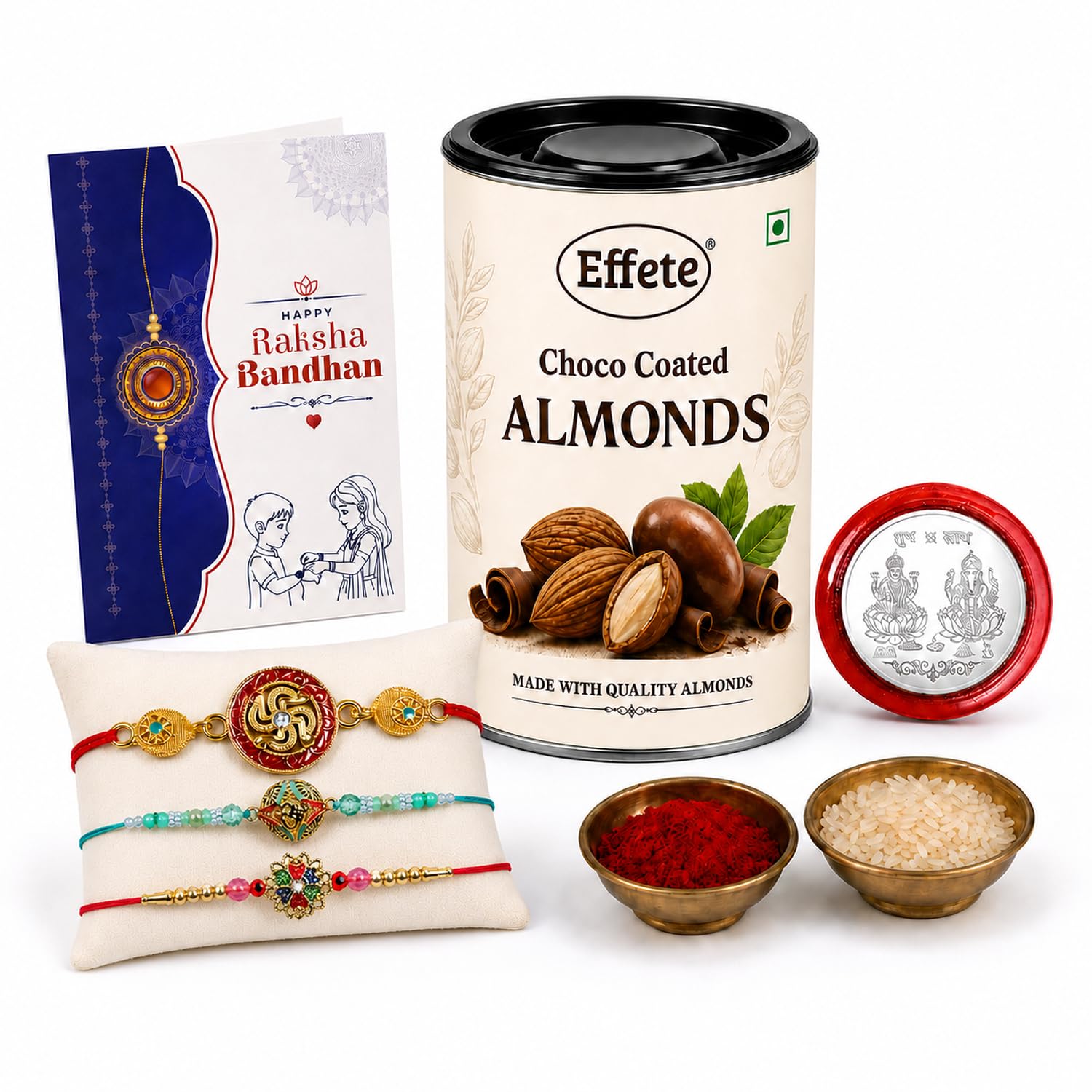 Floral Rakhi for Brother with Choco Almonds 96gm, Roli Tikka & Card, Pack of 7