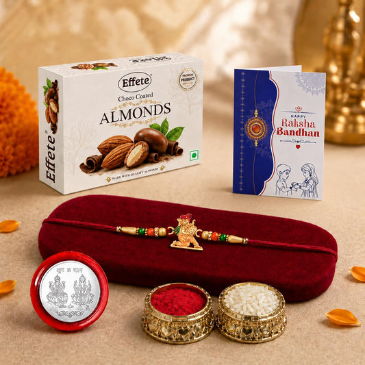 Rakhi with Chocolate for Brother – Raksha Bandhan Combo with Ganesha Design Rakhi, Chocolate, Roli Chawal, Silver Color Coin & Greeting Card – Traditional Festival Celebration Set (Pack of 5)