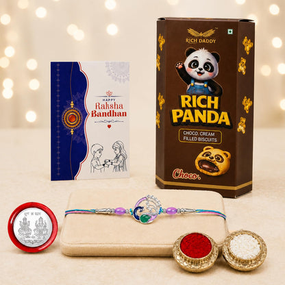 Peacock Rakhi for Brother with Choco Cream Biscuit 60gm, Coin & Card, Pack of 5