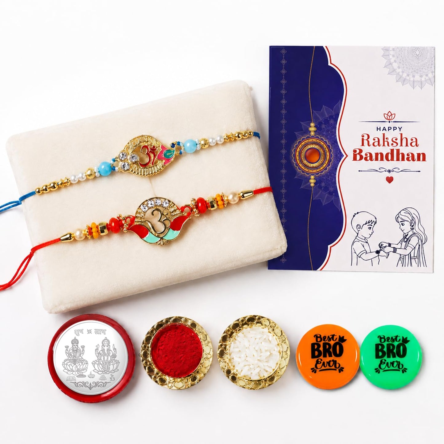 Multicolor Rakhi Om, Om & Multicolour Decorative Magnets 2pcs with Roli Chawal