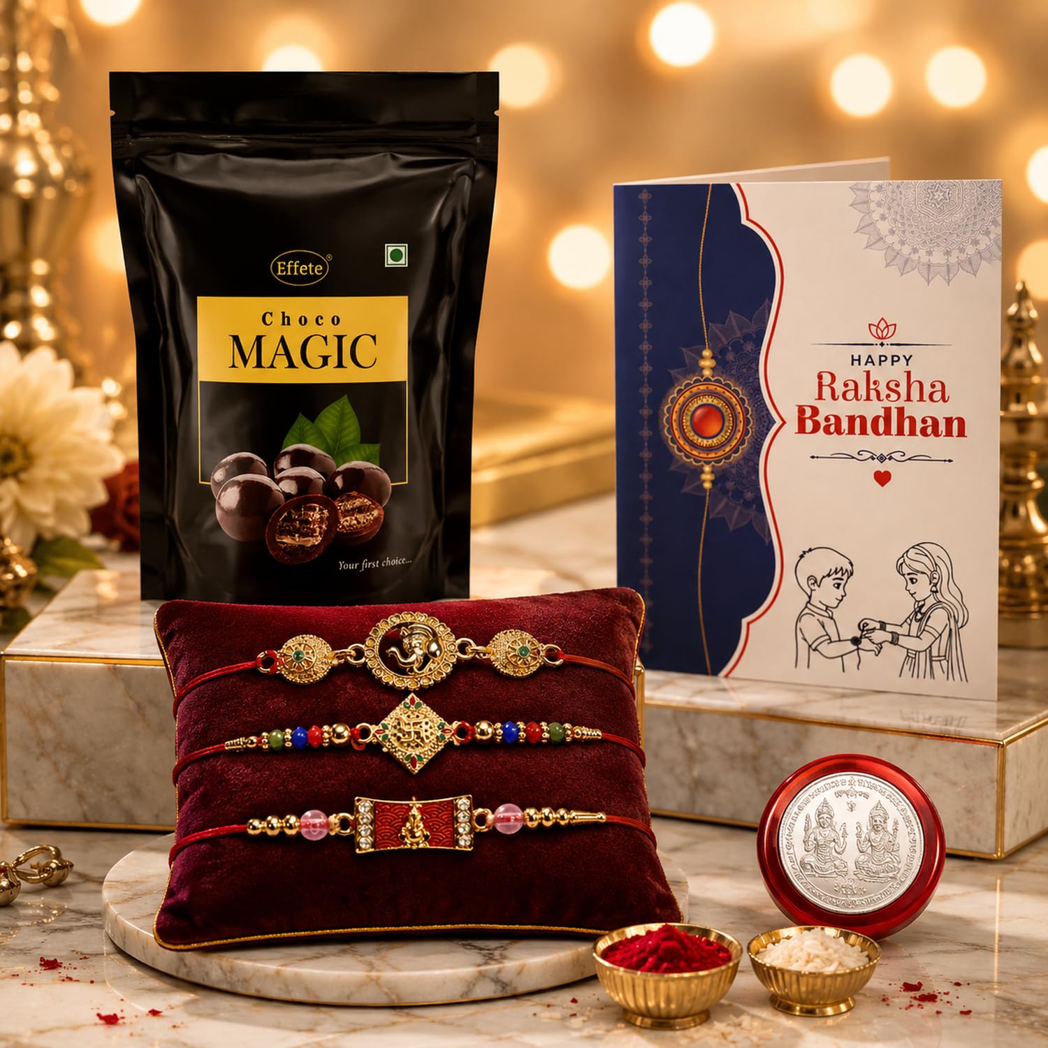 Evil Eye Rakhi for Brother with Choco Magic Pouch, Roli Tikka & Card | Pack of 7