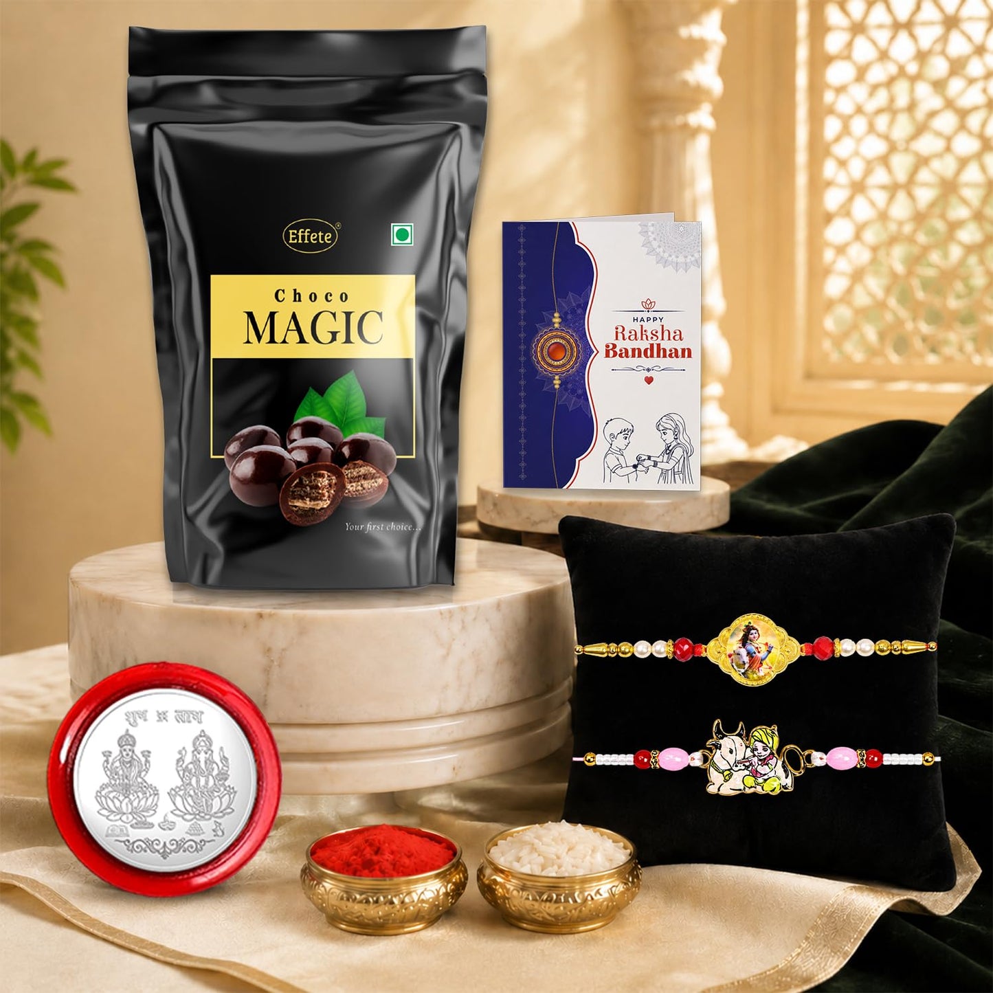 Krishna Rakhi Combo - Raksha Bandhan Gift with Choco Magic Standy Pouch, Pack of 6