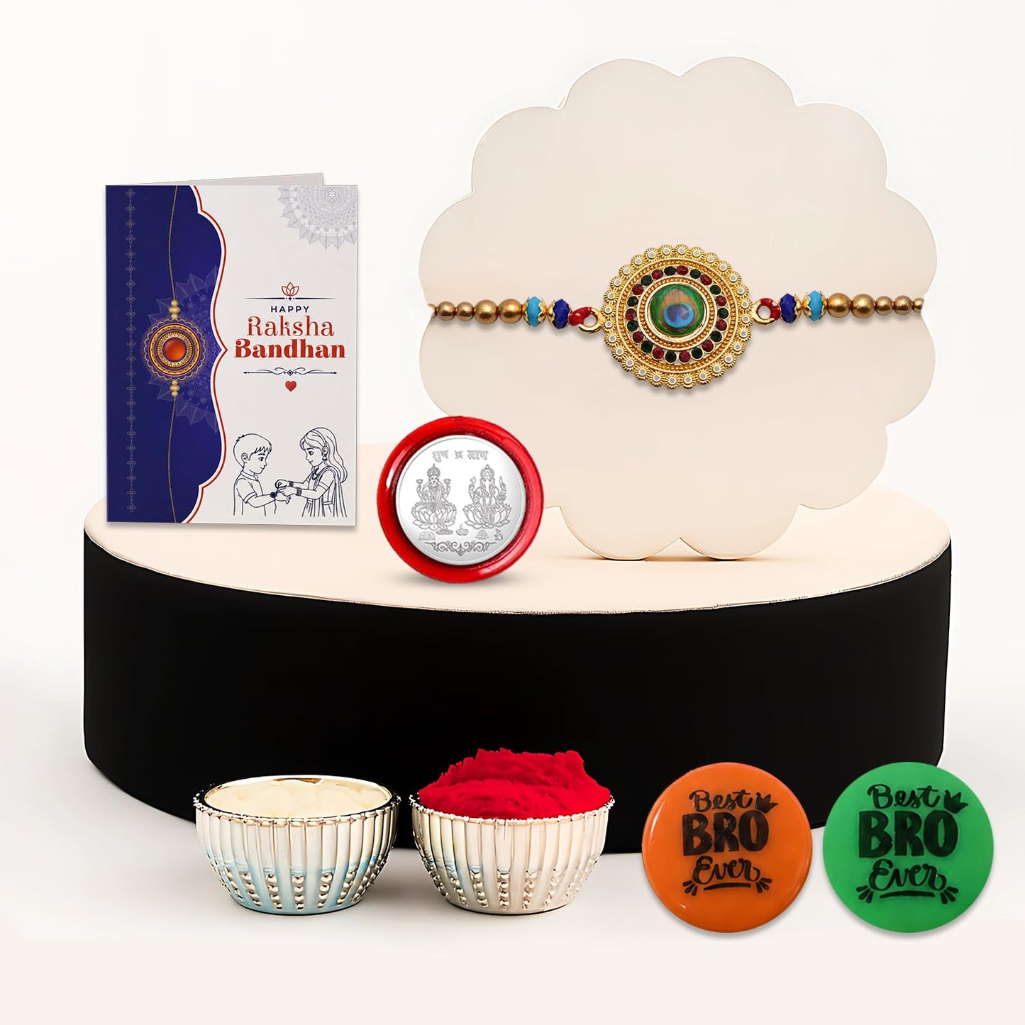 Rakhi Set for Brother (Set of 1) – Peacock Feather Rakhi Combo with Roli Chawal