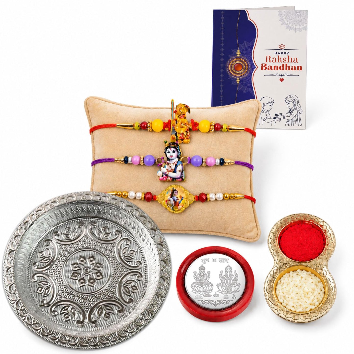 Rakhi for Brother with Silver Pooja Thali - Raksha Bandhan Gift Set, Pack of 7