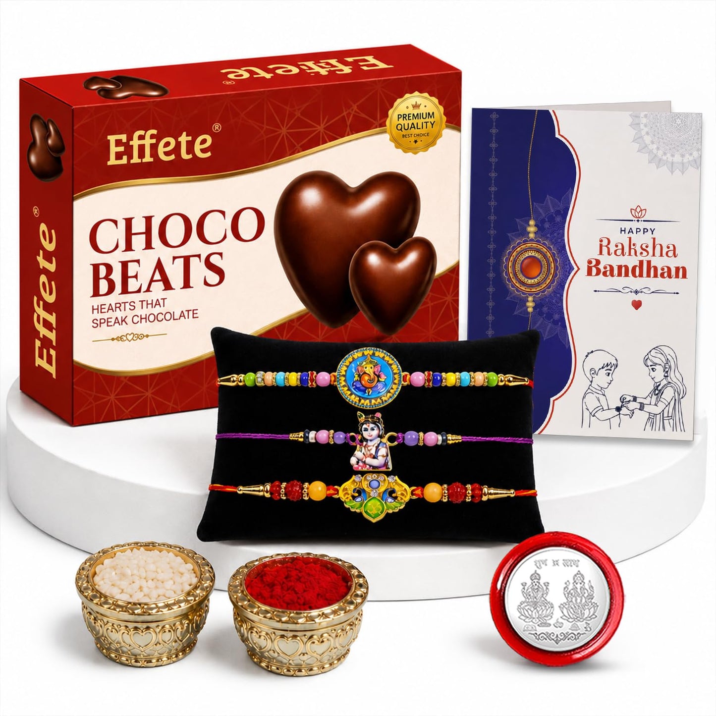 Ganesh, Krishna Rakhi Combo - Raksha Bandhan Gift with Choco Beats 32gm, Pack of 7