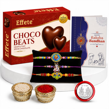 Ganesh, Krishna Rakhi Combo - Raksha Bandhan Gift with Choco Beats 32gm, Pack of 7