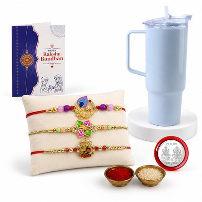 Peacock, Floral Rakhi Combo - Raksha Bandhan Gift with Travel Tumbler 1800ml, Pack of 7