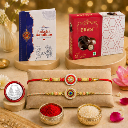 Elegant Rakhi for Brother with Choco Magic 32gm, Roli Chawal & Card, Pack of 5