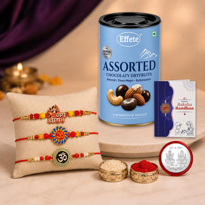 Jai Shree Ram, OM Rakhi Combo - Raksha Bandhan Gift with Assorted Choco 96gm, Pack of 7
