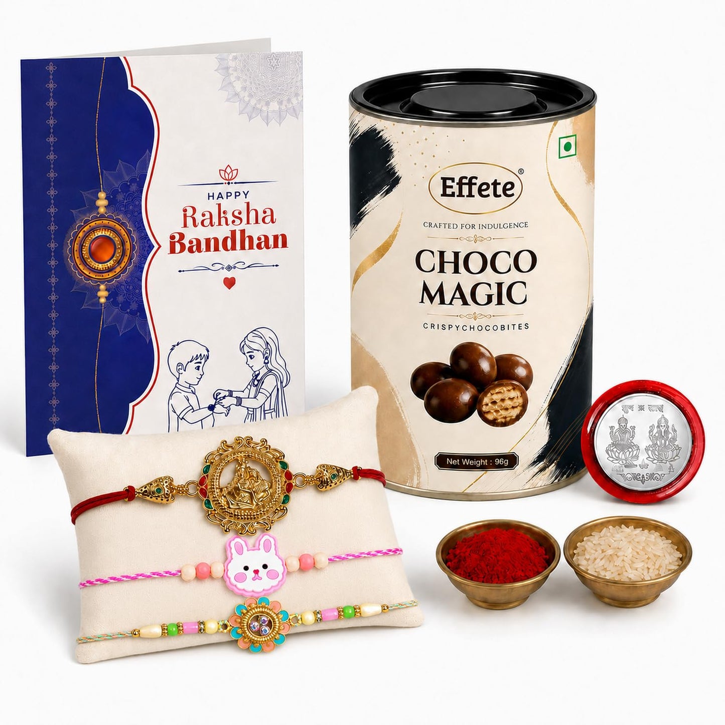 Deity Rakhi for Brother with Chocolate Magic 96gm, Roli Tikka & Card - Pack of 7