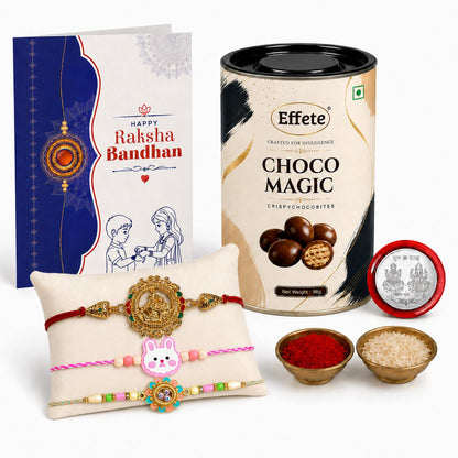 Deity Rakhi for Brother with Chocolate Magic 96gm, Roli Tikka & Card - Pack of 7