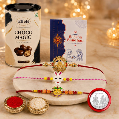 Deity Rakhi for Brother with Choco Magic 96gm, Coin & Card, Pack of 7 | Trendy