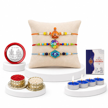 Swami Maharaj Rakhi Combo - Raksha Bandhan Gift with Tealight Candles 4pcs, Pack of 7
