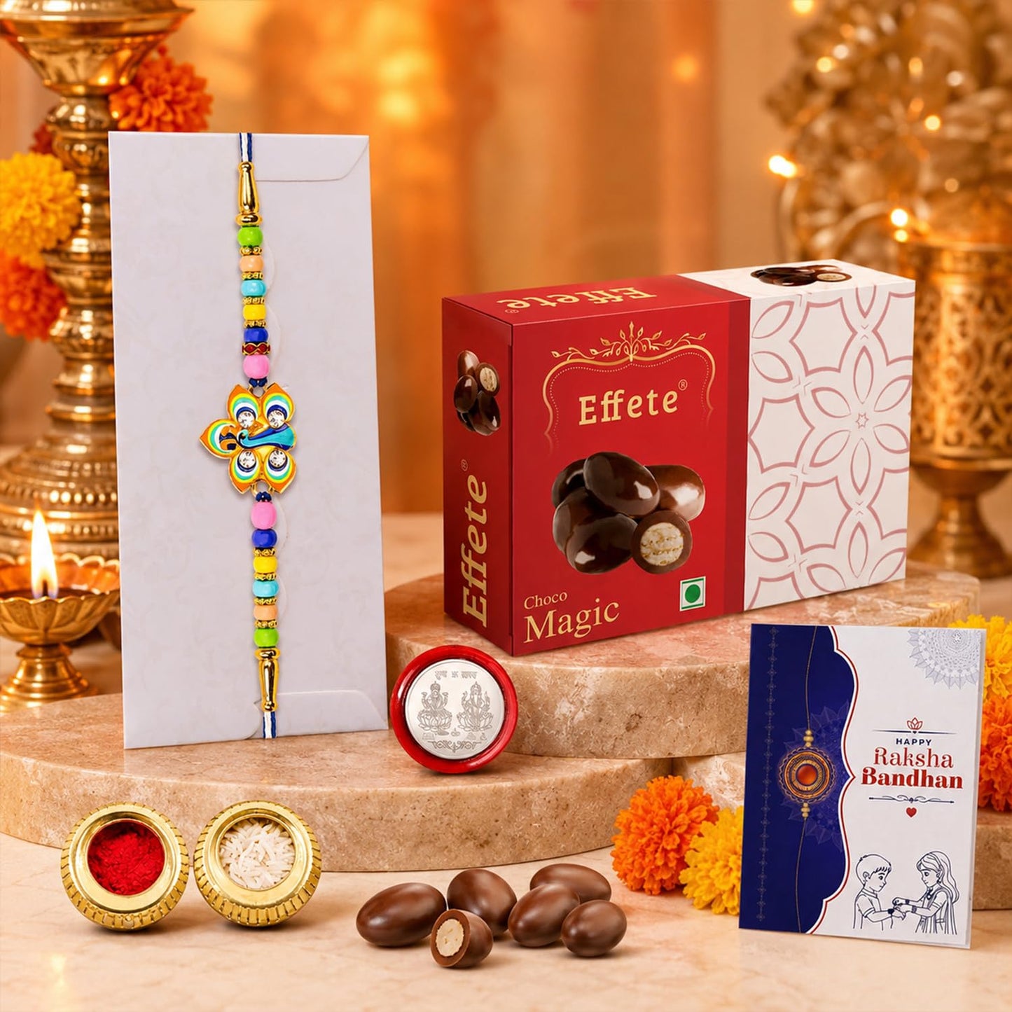 Festive Style Rakhi for Brother with Chocolate Magic 32gm, Coin & Card, Pack of 5