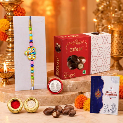 Festive Style Rakhi for Brother with Chocolate Magic 32gm, Coin & Card, Pack of 5