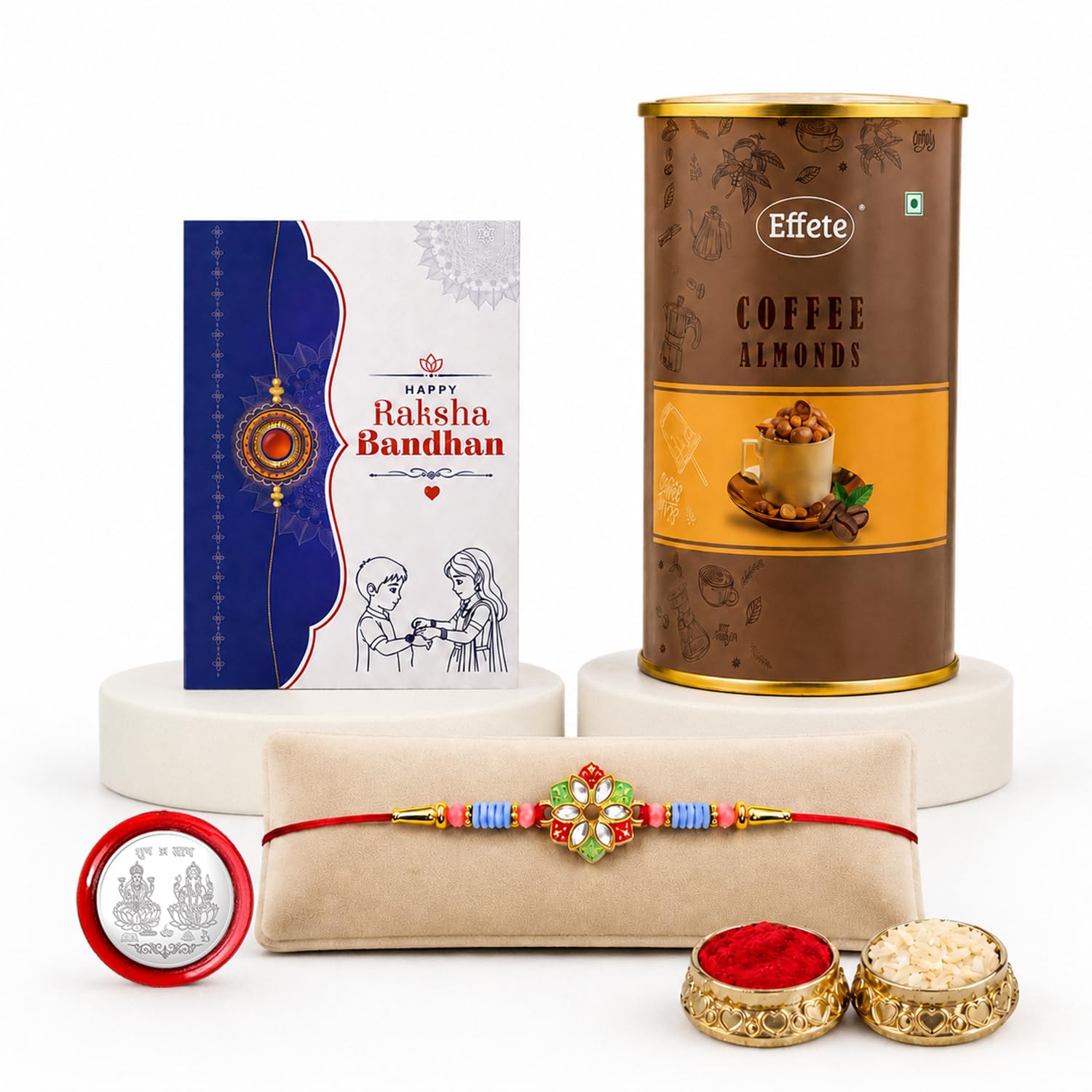 Flower Rakhi for Brother with Coffee Almond 96gm, Roli Tikka & Card, Pack of 5