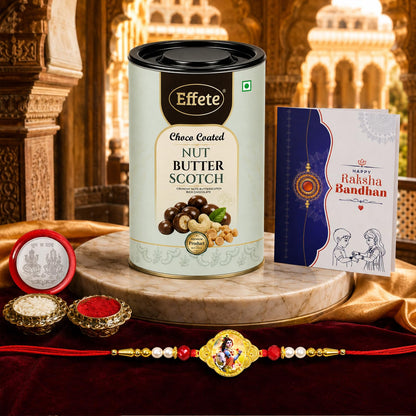 Rakhi with Chocolate for Brother (Set of 5) – Raksha Bandhan Festival Celebration Combo for Bhai with Krishna Design Rakhi, Chocolate, Roli Chawal, Silver Color Pooja Coin & Greeting Card