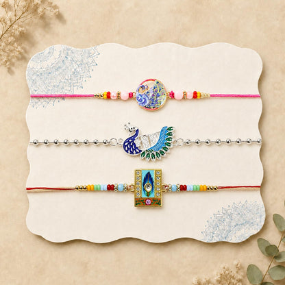 Designer Elegant Multicolor Peacock Rakhi for Brother with Roli Tikka, Pack of 6
