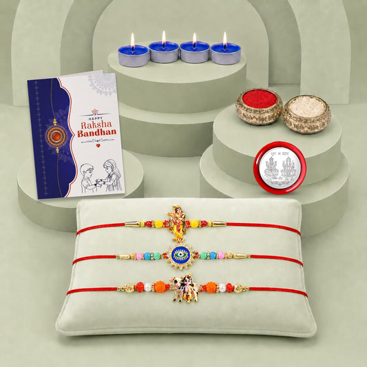 Krishna, Evil Eye Rakhi Combo - Raksha Bandhan Gift with Tealight Candles 4pcs, Pack of 7