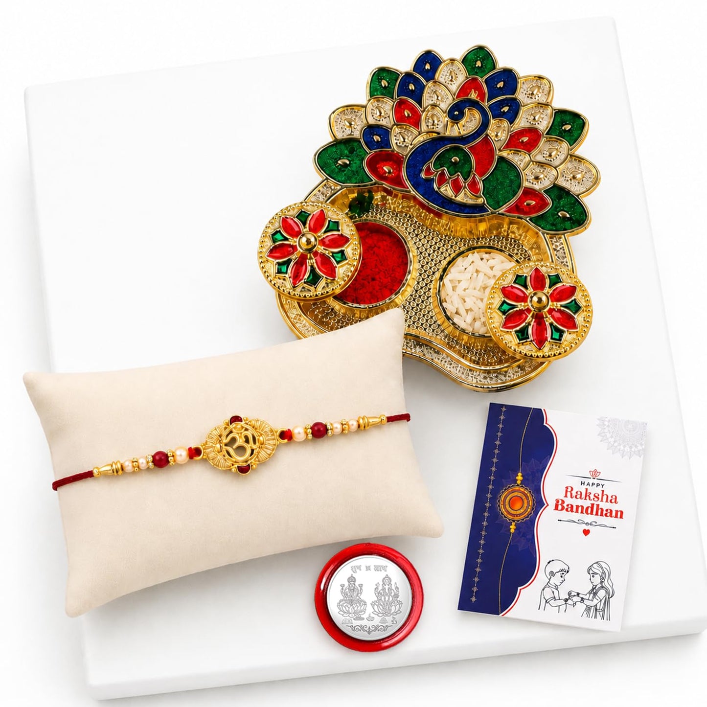OM Multicolor Rakhi for Brother & Bhaiya with Peacock Shape Pooja | Pack of 5