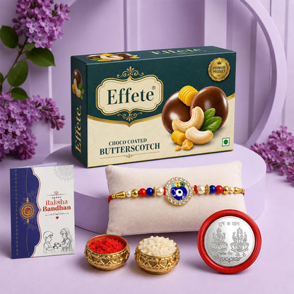 Evil Eye Rakhi for Brother with Butter Scotch 32gm, Roli Tikka & Card, Pack of 5