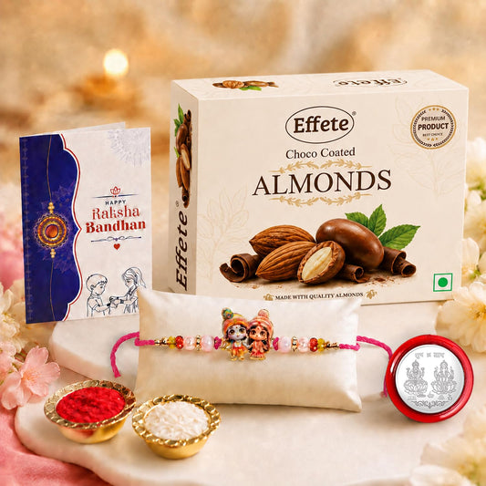 Krishna Radha Rakhi for Brother with Choco Almonds 32gm, Coin & Card, Pack of 5