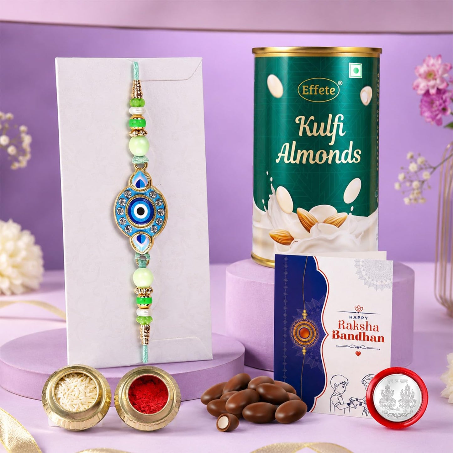 Designer Rakhi for Brother with Kulfi Almonds 96gm, Roli Chawal & Card, Pack of 5