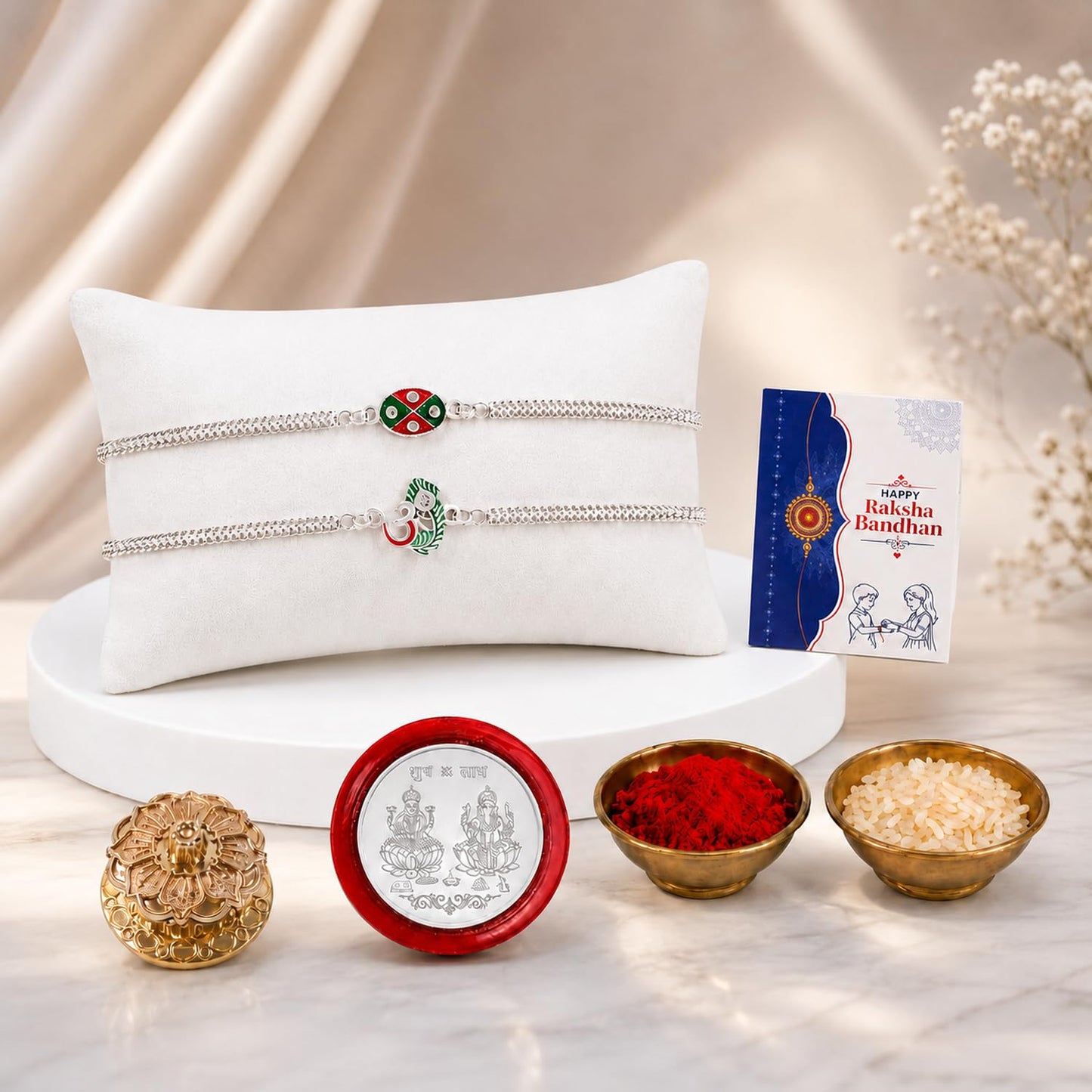 OM Multicolor Rakhi for Brother & Bhaiya with Golden Pooja Kankavati | Pack of 6
