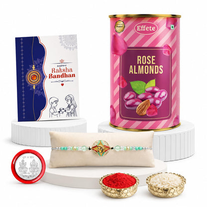 Multicolor Om Rakhi & Rose Almond 96gm with Roli Chawal, Silver Color Pooja Coin & Greeting Card, Rakhi with chocolate, Rakshbandhan Combo, Pack of 5 For Raksha Bandhan