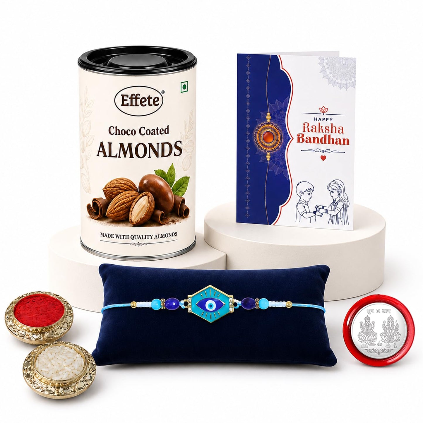 Evil Eye Rakhi for Brother with Choco Almonds 96gm, Roli Tikka & Card, Pack of 5