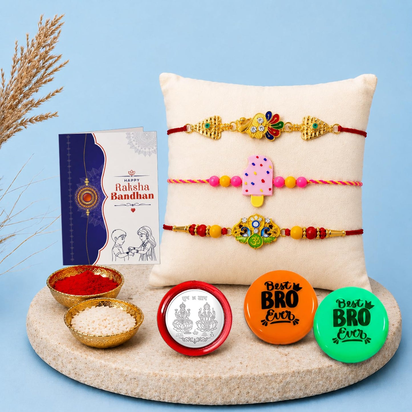 Multicolor Rakhi Combo with Peacock,Kundan,Ice Charm Rakhi | Pack of 8