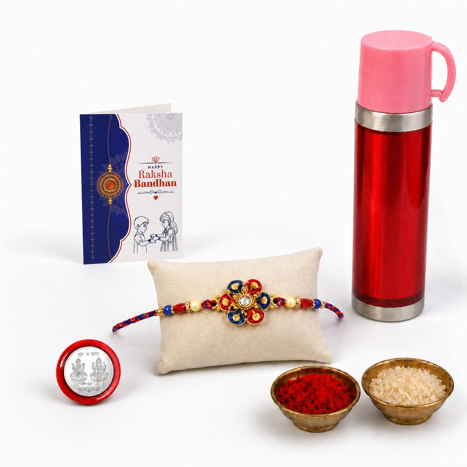 Flower Rakhi Combo - Raksha Bandhan Gift with Travel Mug 500ml, Pack of 5 | Rakhi Gift