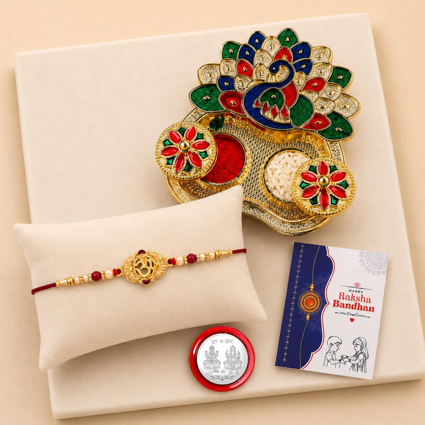 OM Multicolor Rakhi for Brother & Bhaiya with Peacock Shape Pooja | Pack of 5
