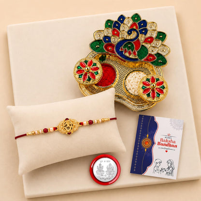 OM Multicolor Rakhi for Brother & Bhaiya with Peacock Shape Pooja | Pack of 5