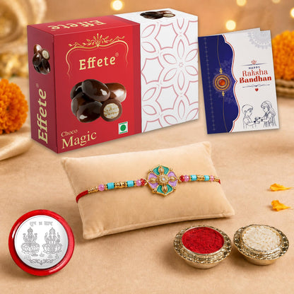 Flower Rakhi for Brother with Chocolate Magic 32gm, Roli Tikka & Card, Pack of 5