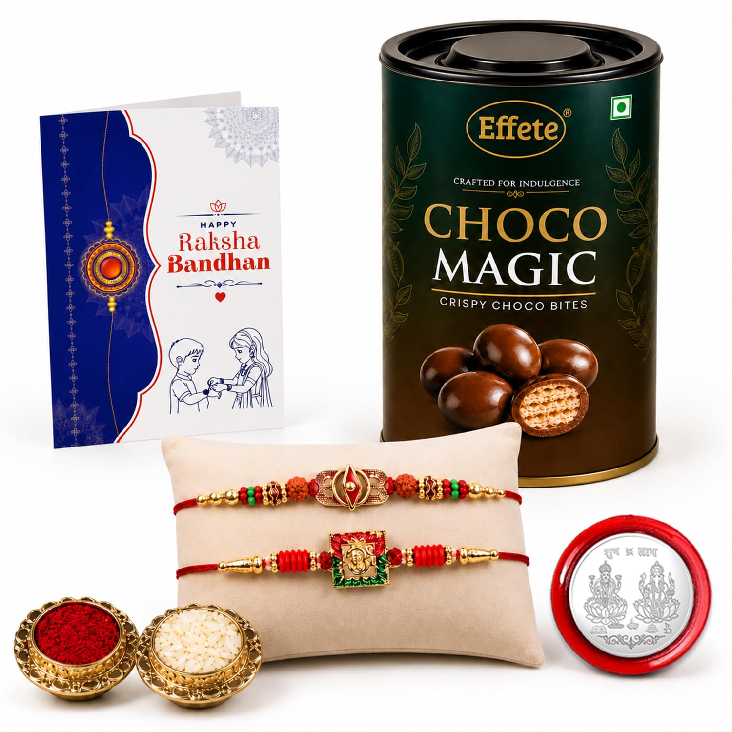 Trinetra, Deity Multicolor Rakhi & Chocolate Magic 96gm with Roli Chawal, Silver Color Pooja Coin & Greeting Card, Rakshbandhan Combo, Rakhi & Chocolate, Pack of 6 For Raksha Bandhan
