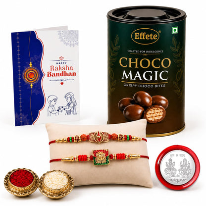 Trinetra, Deity Multicolor Rakhi & Chocolate Magic 96gm with Roli Chawal, Silver Color Pooja Coin & Greeting Card, Rakshbandhan Combo, Rakhi & Chocolate, Pack of 6 For Raksha Bandhan