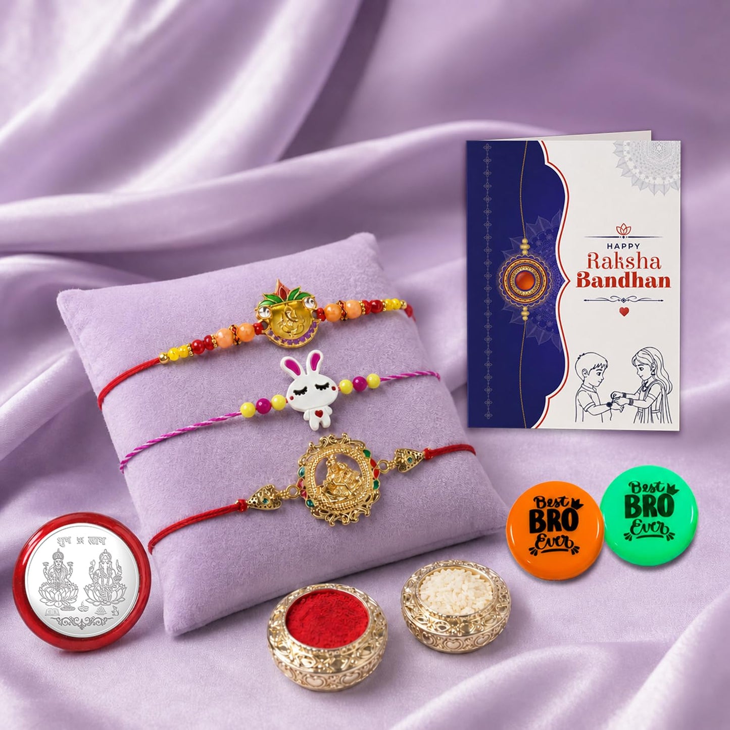 Multicolor Rakhi Combo Deity,Bunny Charm,Ganesha Charm with Decorative Magnets