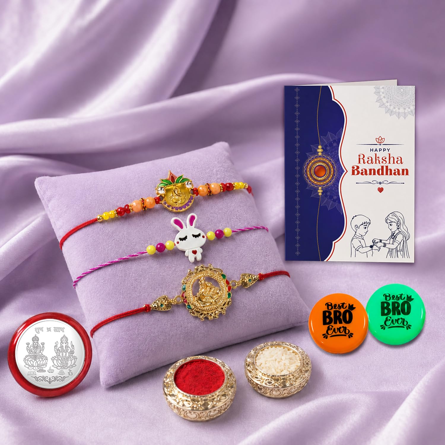 Multicolor Rakhi Combo Deity,Bunny Charm,Ganesha Charm with Decorative Magnets
